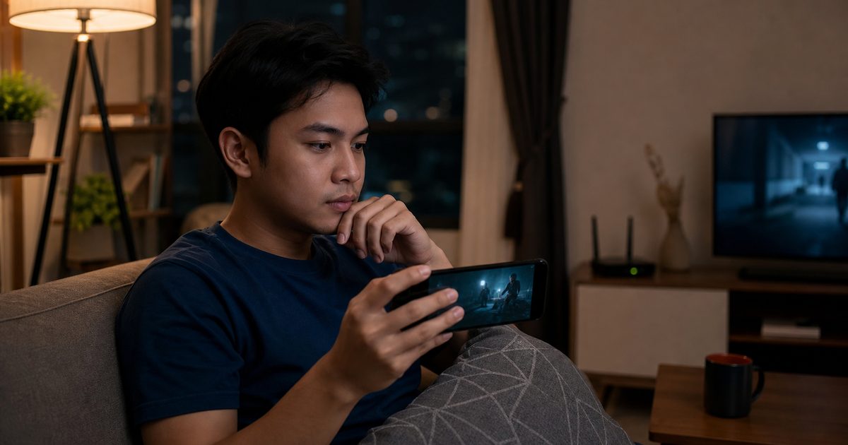 Pengguna mengecek ponsel, router, dan pemakaian data sebelum menonton streaming