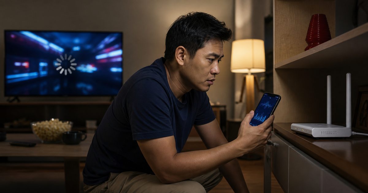 Pengguna memeriksa router dan koneksi saat video di televisi terus memuat