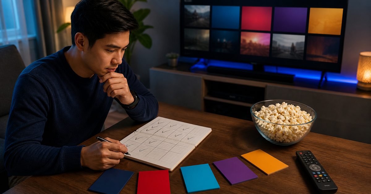 Pria membuat daftar perbandingan platform streaming di depan televisi